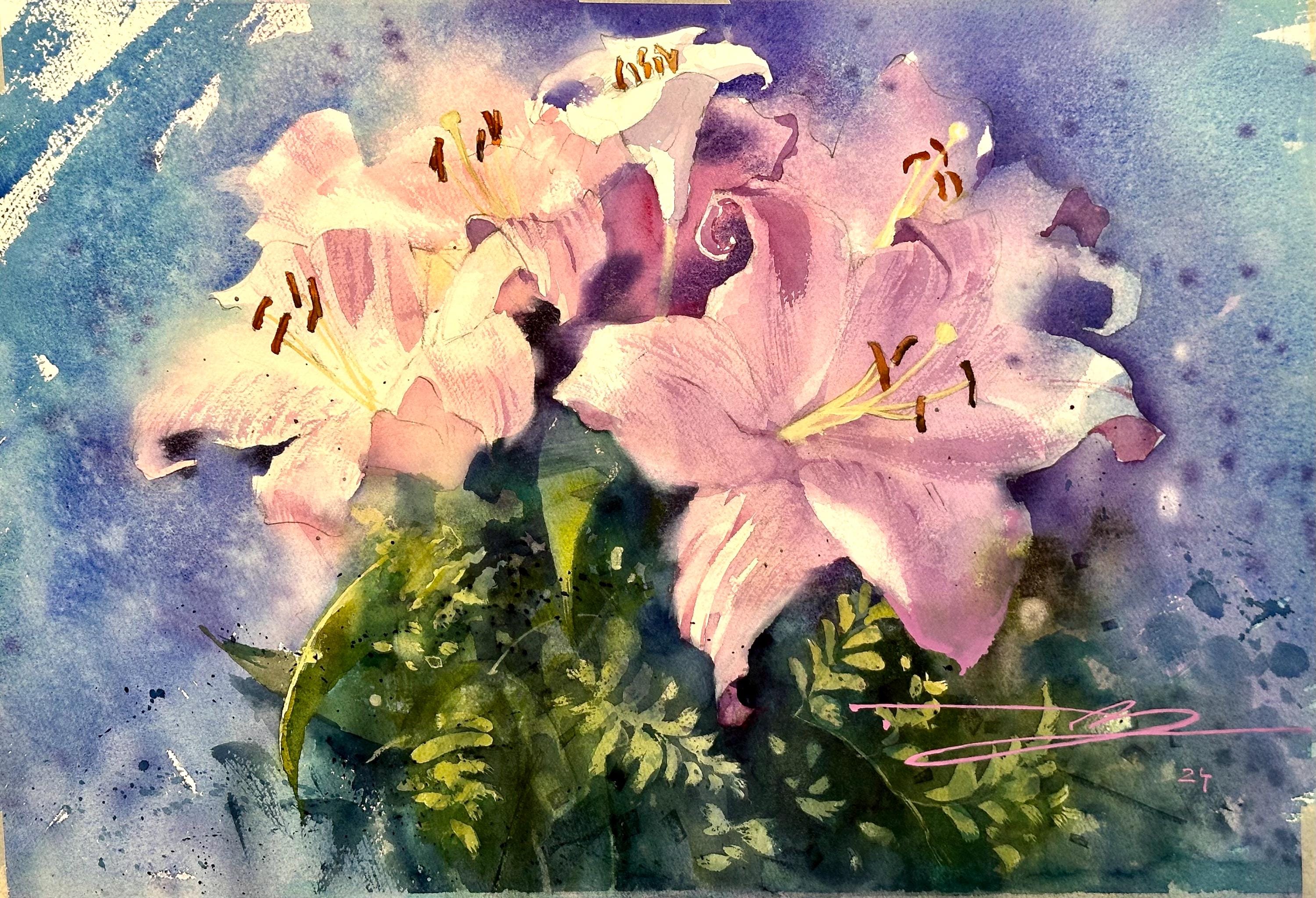 ピンクのユリの花束、オリジナル水彩画、花のアート（56x38） - Etsy 日本