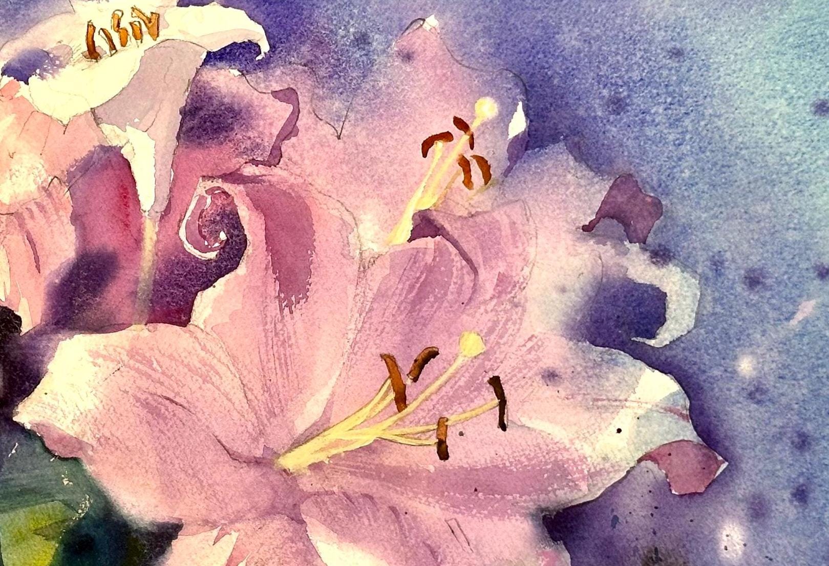 ピンクのユリの花束、オリジナル水彩画、花のアート（56x38） - Etsy 日本