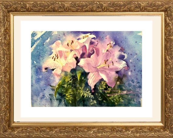 ピンクのユリの花束、オリジナル水彩画、花のアート（56x38） - Etsy 日本