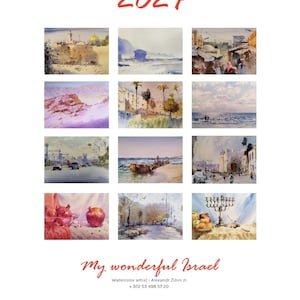 Art Calendar 2024 with watercolor paintings by the artist Alexandr Zibin Jr. My wonderful Israel wish Israel's holiday days. For Israelis. image 1