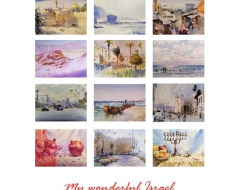 Kunstkalender 2024 met aquarellen van de kunstenaar Alexandr Zibin Jr. "Mijn prachtige Israël" wens de vakantiedagen van Israël. Voor Israëliërs.