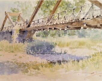 Old bridge. Watercolor painting. Forest landscape. Park landscape. Eco landscape. Natural landscape. Original watercolor