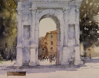 Arco dei Gavi. Verona. Watercolor city landscape. Marine painter. Seascape. Cityscape. Watercolor painting. Italy.