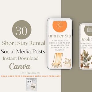 Puede incluir: Un gráfico de marketing digital con el texto "30 Short Stay Rental Social Media Posts Instant Download Canva" y el texto "Love Printables? Grab your free download with your purchase". El gráfico presenta dos pantallas de teléfono, una con una silla de playa y el texto "Summer Stay Make sure you book ahead as our availability for summer fills up quickly!" y la otra con un libro y el texto "Book Now To read? All books come with books + a reading list".