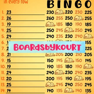 May include: A yellow and white bingo card with the text "feeling very UNPRODUCKTIVE BINGO". The card features duck illustrations and number sets. The text "320 in every row" is at the top.