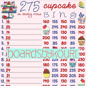 Puede incluir: Una tarjeta de bingo rosa y blanca con imágenes de cupcakes y números del 9 al 250. La tarjeta se titula "275 cupcake bingo" y dice "in every row".