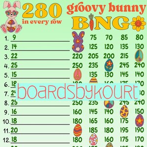 May include: A groovy bunny themed bingo card with 280 in every row. The card has a green background with a yellow border. The numbers are in black and the images are colorful. The images include a peace sign, a flower, an Easter egg, and a bunny.
