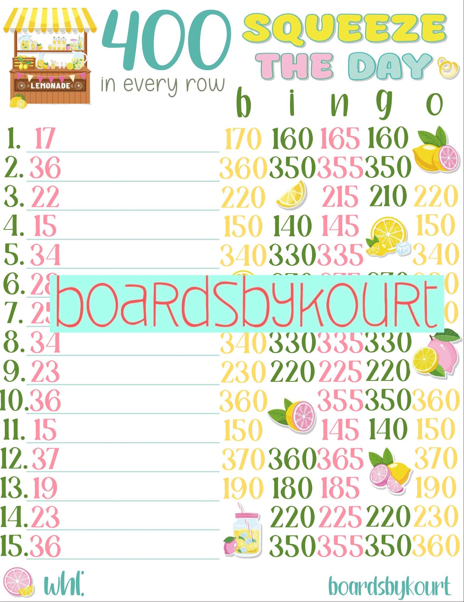 400 wta bingo board