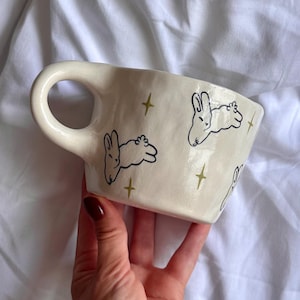 Unique Bunny Mug - Hand Painted Ceramic Art, Cute Coffee Cup, Aesthetic Rabbit Mug 11oz - Kawaii Mom Gift, Pinterest Inspiration