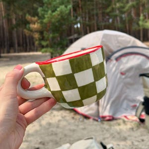 Checkerboard Ceramic Coffee Mug - Autumn Fall Gift, Office Tea Mug in Checkerboard Design - Handmade Ceramic Cup, Unique Painted Mug