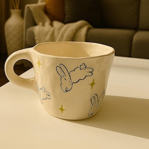 Unique Bunny Mug - Hand Painted Ceramic Art, Cute Coffee Cup, Aesthetic Rabbit Mug 11oz - Kawaii Mom Gift, Pinterest Inspiration