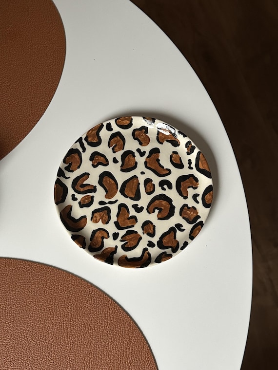 Plato de postre con estampado de leopardo, plato de cerámica para