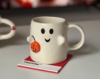 Pumpa Halloween-mugg, handgjord keramisk kaffekopp, rolig temugg, söt målad keramik, unik keramisk mugg, läskig Halloween-kopp