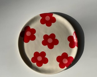 Floral print stoneware plate, red round ceramic pottery, serving dessert trinket dish
