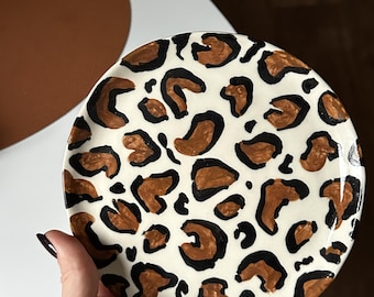 Plato de cerámica estilo safari, plato con estampado de leopardo, plato de postre, vajilla de cocina con motivos de animales.