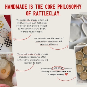 May include: Image showcasing the handmade philosophy of Rattleclay. The image includes sketches, ceramic pieces, and text emphasizing slow production, authenticity, and attention to detail. The text reads "HANDMADE IS THE CORE PHILOSOPHY OF RATTLECLAY."