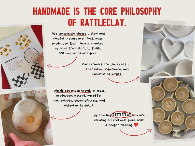 May include: Image showcasing the handmade philosophy of Rattleclay. The image includes sketches, ceramic pieces, and text emphasizing slow production, authenticity, and attention to detail. The text reads "HANDMADE IS THE CORE PHILOSOPHY OF RATTLECLAY."