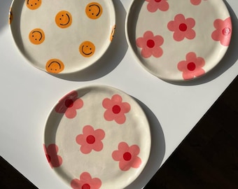 Pink floral print plate, Hand-painted ceramic round serving dish, Dopamine dessert plate, Spring kitchenware