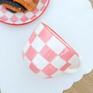 Pink checkerboard mug, clay tea cup, handpainted pottery mug, matcha coffee cup, ceramic kitchen decor image 1