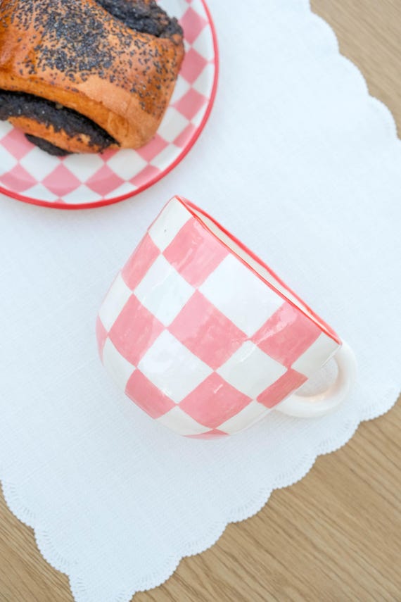 Pink checkerboard mug, clay tea cup, handpainted pottery mug, matcha coffee cup, ceramic kitchen decor