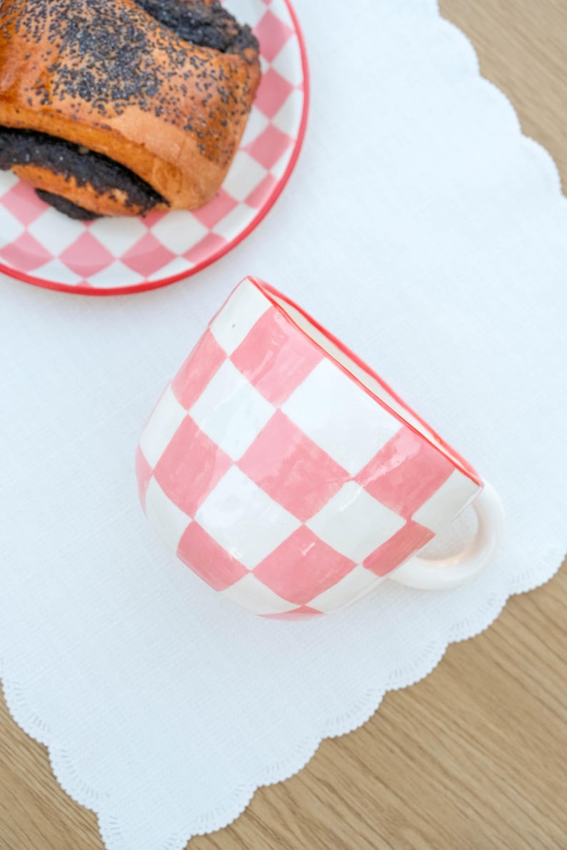 Pink checkerboard mug, clay tea cup, handpainted pottery mug, matcha coffee cup, ceramic kitchen decor image 1