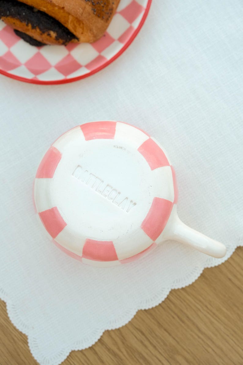Pink checkerboard mug, clay tea cup, handpainted pottery mug, matcha coffee cup, ceramic kitchen decor image 2