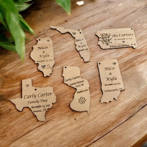 Family Reunion Favor, Custom Engraved State Ornaments, Wood Wedding Favors, Wooden State Wedding Favors,Shaped Wood Wedding Favors for Guest