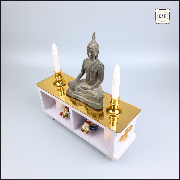 Tabletop Buddha Altar, Square Table Buddha Altar, Dhamma Altar, Deity Pedestal, and Modern White Buddha Shrine, Small altar table (CSH02)