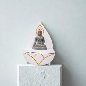 Lotus Minimalist Wall or Tabletop Buddhist Altar Shelf | Modern White Compact Shrine with Gold Accents | KAF ART K10-BD04S