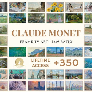 May include: A collage of 36 paintings by Claude Monet, featuring various landscapes, water lilies, and other subjects. The text "Claude Monet" is displayed in a large, gold font, along with the text "Frame TV Art | 16:9 Ratio" and "Lifetime Access +350".