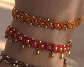 Macrame anklet with brass beads – boho adjustable ankle bracelet – orange or red – summer jewelry