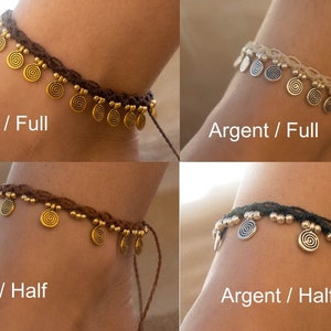 May include: Four ankle bracelets with a crocheted cord and spiral charms. The bracelets are shown in two colors, brown and black, and two lengths, full and half. The text "Or / Full", "Argent / Full", "Or / Half", and "Argent / Half" is displayed below each bracelet.