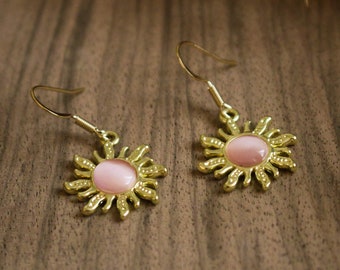Gold and pink sun earrings | Delicate minimalist celestial bohemian hippie cute jewelry