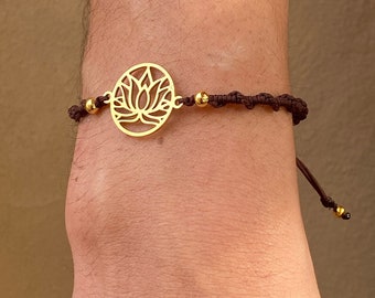 Macrame bracelet with gold lotus flower connector | Bohemian Boho Hippie Festival friendship bracelet style macramé