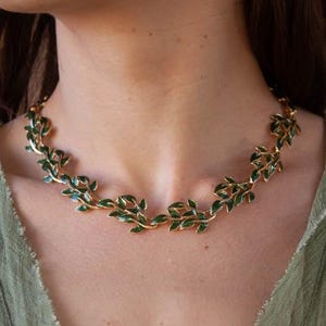 Leaf Statement Necklace Green Enamel – Botanical Gold Bib – Boho Forestcore Vintage Nature Jewelry