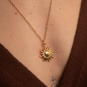 Pode incluir: Um colar de corrente de ouro com um pingente de sol. O colar é usado por uma pessoa com uma camisa marrom.
