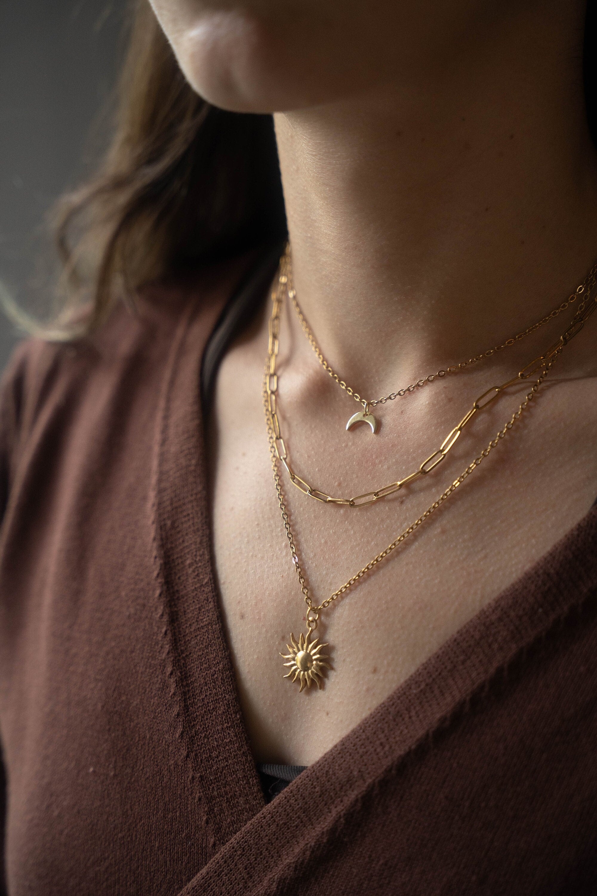 Collier 3 Rangs Chaîne Acier Inoxydable - Doré/blanc Avec Zircon - Neuf