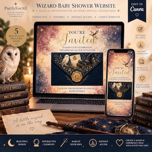 May include: A digital wizard-themed baby shower invitation template displayed on a laptop and smartphone screen. The design features a dark blue envelope with a gold wax seal, an owl, a wand, and the text You're Invited to join us in celebrating.