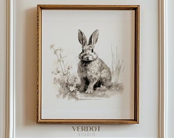 Vintage Easter Bunny Print, Printable Wall Art, Antique Rabbit Sketch Drawing, Rustic Easter Decor | 2405