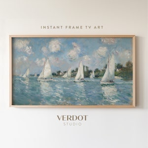 May include: A framed painting of a seascape with sailboats on a blue body of water under a cloudy sky. The painting is in a light wood frame.