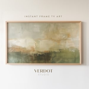 May include: Abstract painting in shades of green, brown, and white, framed in a light wood frame. The painting is titled "VERDOT STUDIO" in a minimalist font.