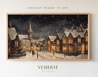 May include: A snowy winter village scene with a church steeple in the background. The houses are lit up with warm yellow lights and there are people walking in the street. The sky is dark blue with white snowflakes falling.