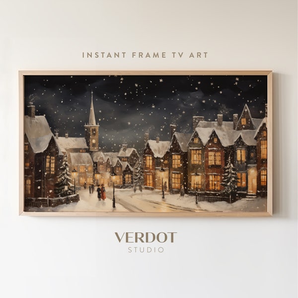 Christmas Winter Village Frame Tv Art, Vintage Winter Night Frame Tv Screensaver, Neutral Holiday Winter Town Landscape Painting | TV2340