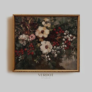 May include: A framed oil painting of a bouquet of flowers in shades of white, pink, and red. The flowers are arranged in a vase and are surrounded by green leaves. The painting is set against a dark background.