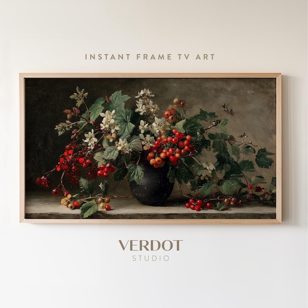 Holly Berry Christmas Frame Tv Art: Moody Dark Vintage Winter Botanical Vase Painting  | TV25147