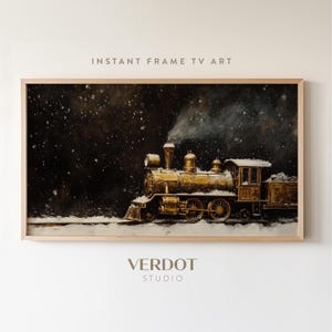 May include: A golden steam engine train locomotive with smoke coming from the chimney, traveling through a snowy landscape with a dark background and white snow falling.