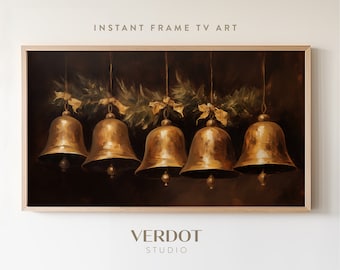 Christmas Bells Frame Tv Art, Neutral Vintage Christmas Samsung Frame Tv Art, Brown Holiday Painting Download, Christmas Decor | TV2327