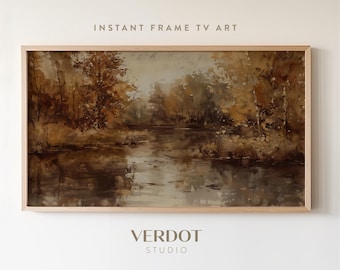 Autumn Painting Frame TV Art, Fall Tree Landscape River Country Vintage Screensaver, Brown Fall Decor, Thanksgiving Scenery Tv Art | TV24192