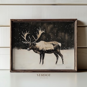 Christmas Reindeer Print, Winter Painting Christmas Decor, Printable Wall Art, Snowy Winter Night Holiday Poster | 24252