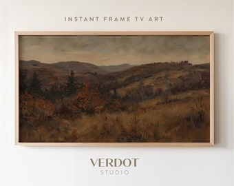 Rustic Dark Fall Frame TV Art, Brown Moody Landscape Painting, Vintage Autumn Country Hill Scenery Screensaver, Neutral Fall Decor | TV24136